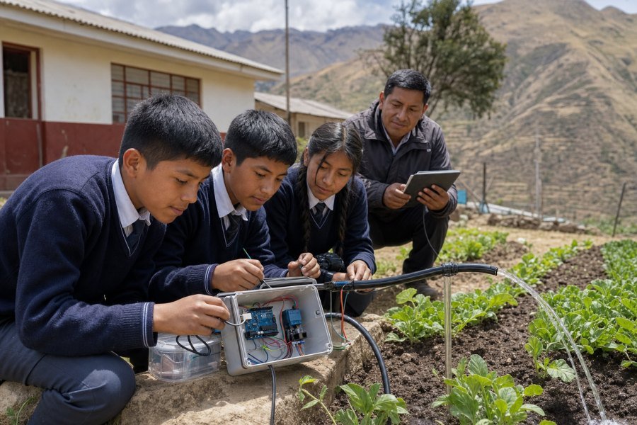 Estudiantes probando su sistema de riego automatizado con Arduino