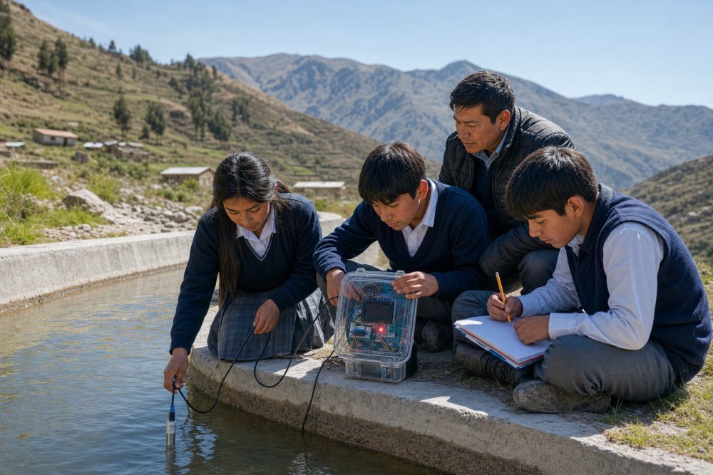 Estudiantes midiendo la calidad del agua de un canal con su prototipo